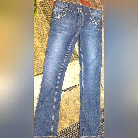 GUC Girls FADED GLORY Studded/Bedazzled Dark Wash Skinny Straight Jeans~Sz 14 1 - Picture 5 of 13